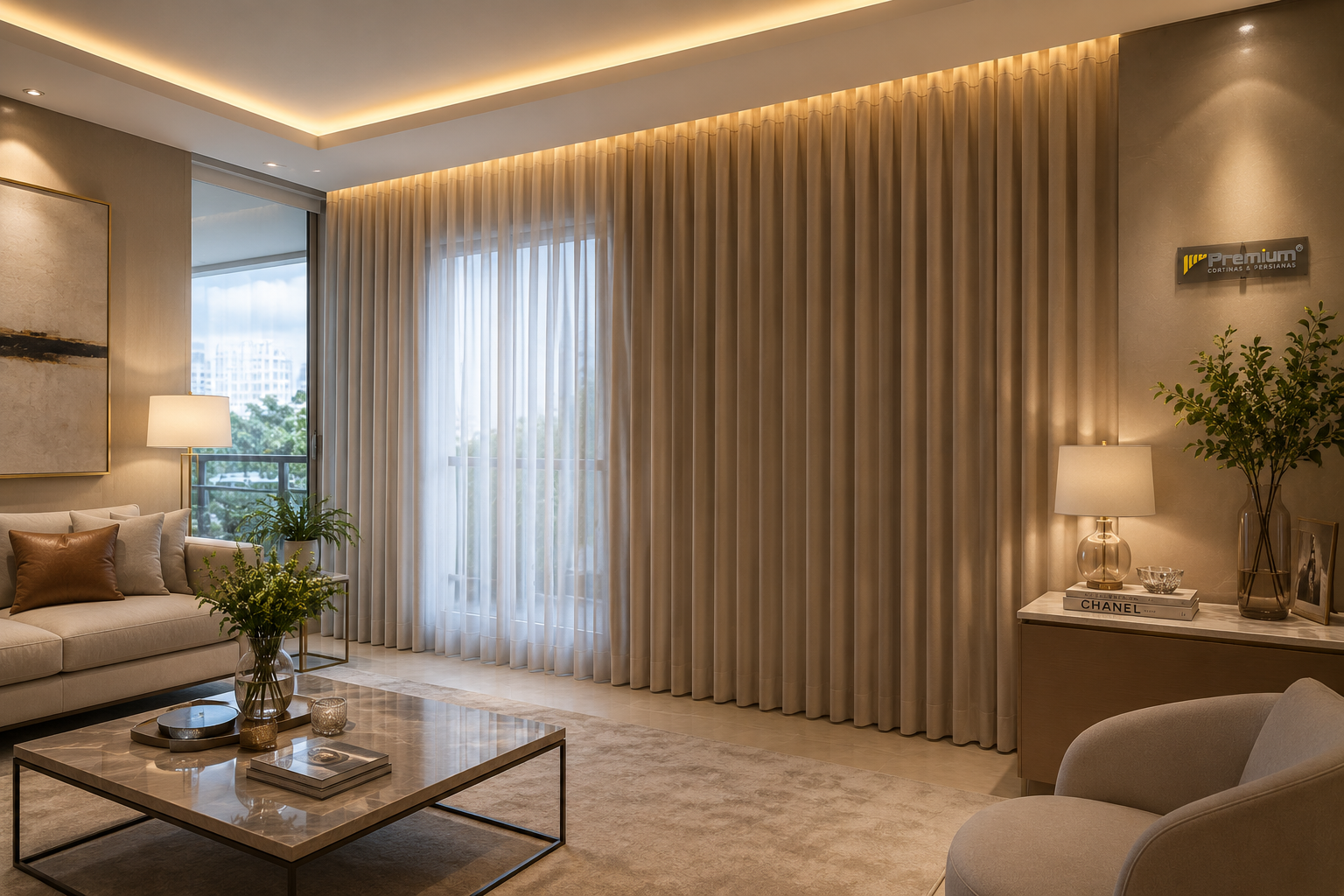 Cortina em ambiente moderno elegante e aconchegante